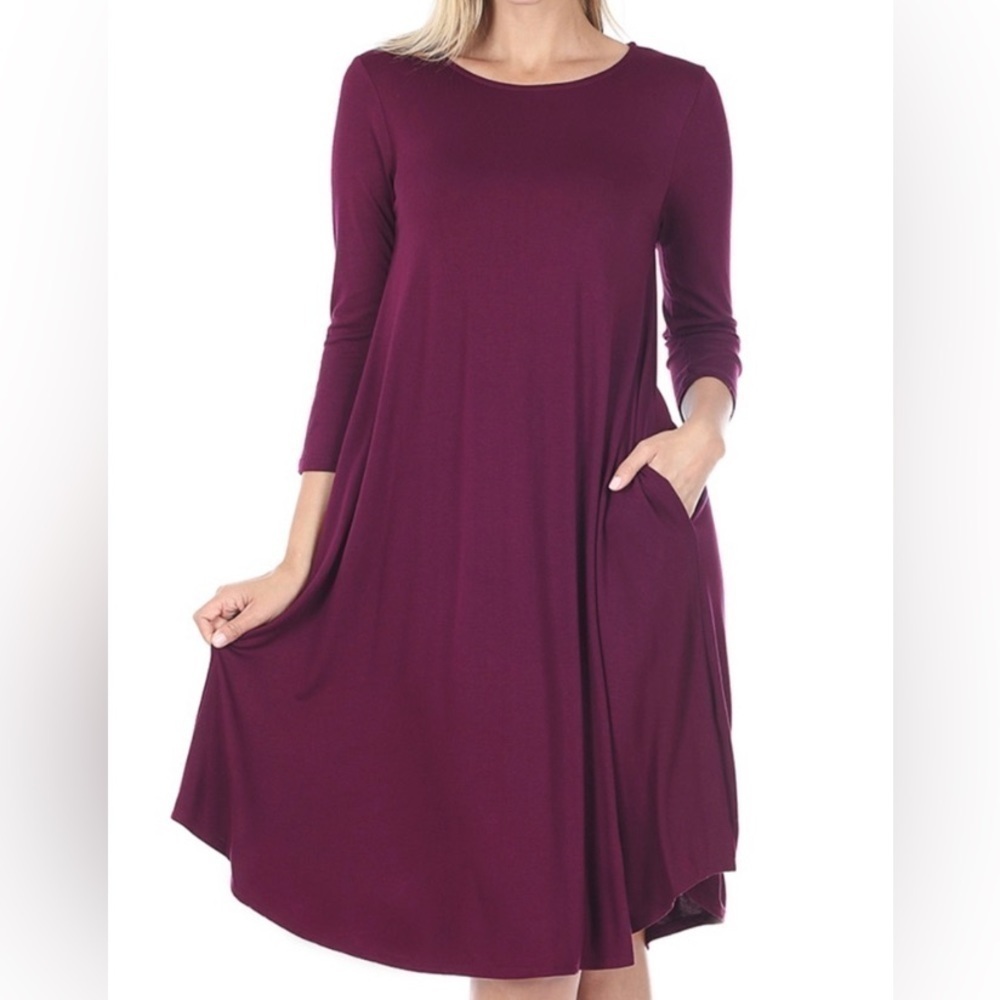 ZENANA scoop neck 3/4 sleeve a line swing dress spring summer fall - Picture 4 of 5